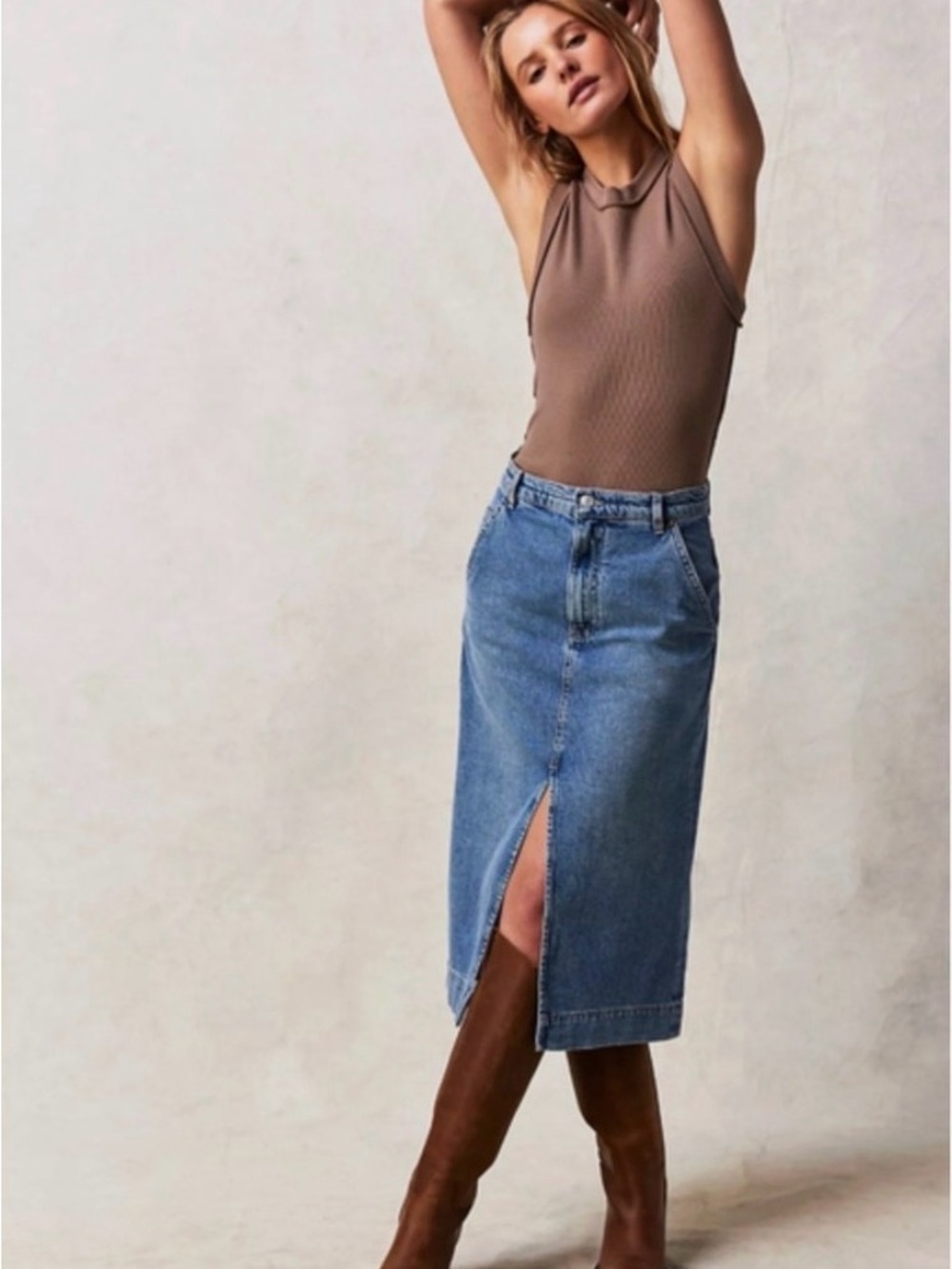 We The Free Denim Midi Skirt in Blue